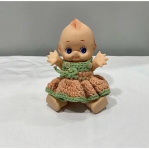 Vintage Plastic Kewpie Doll Yarn Crochet Peach Green Cottage Core Outfit